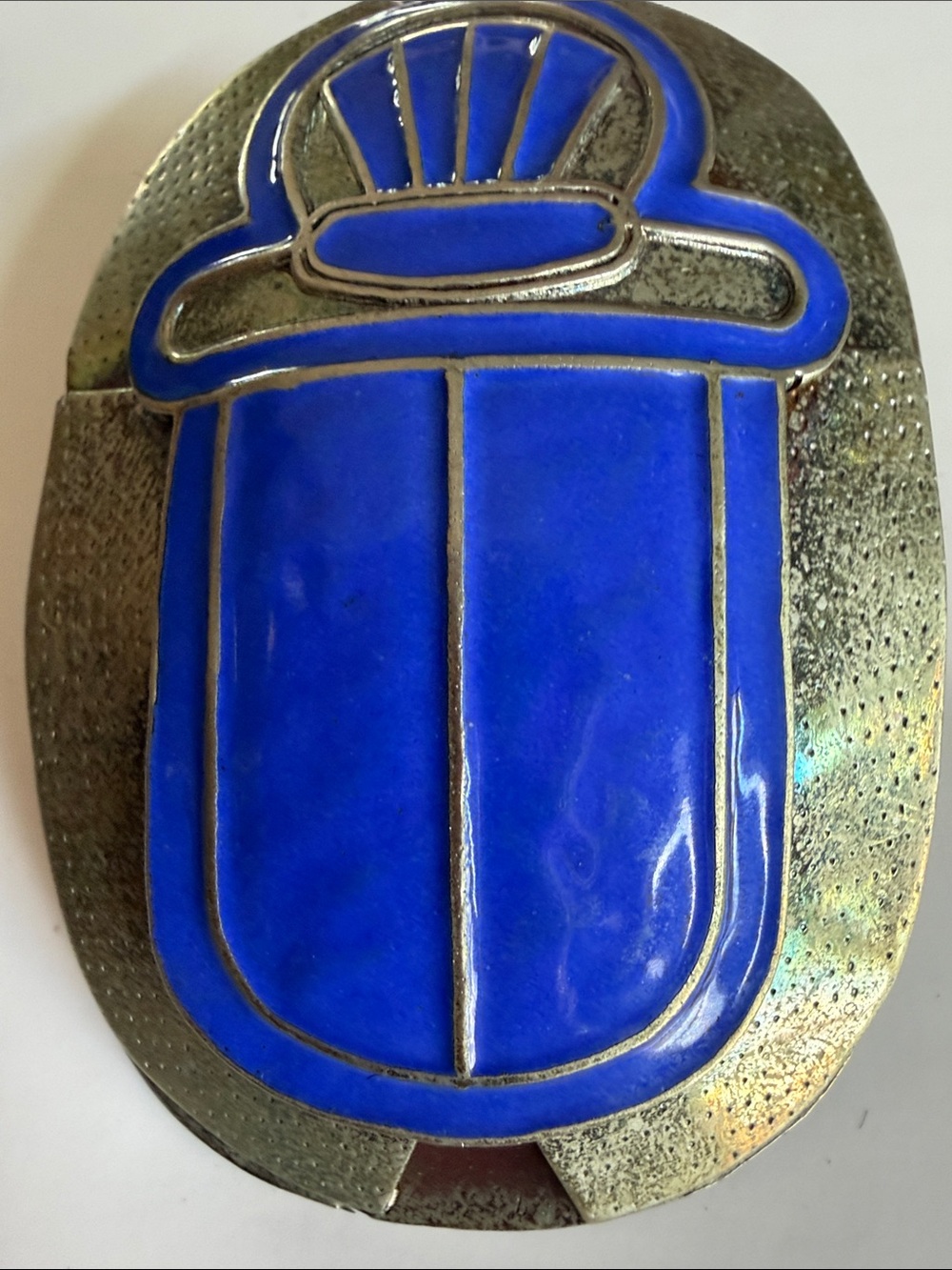 EgyptianRevivalEnamelAmuletPendantSolidBrassDualSymbolScarabBeetleLotusFlowerVTG